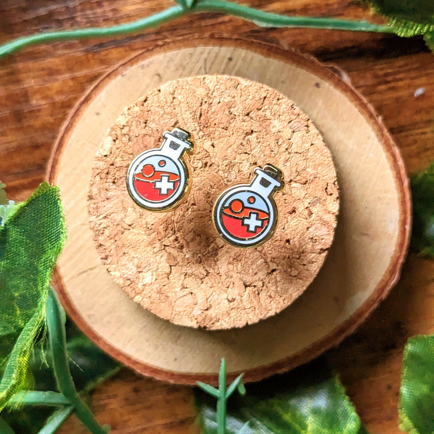 Red HP health potion enamel earring studs on cork