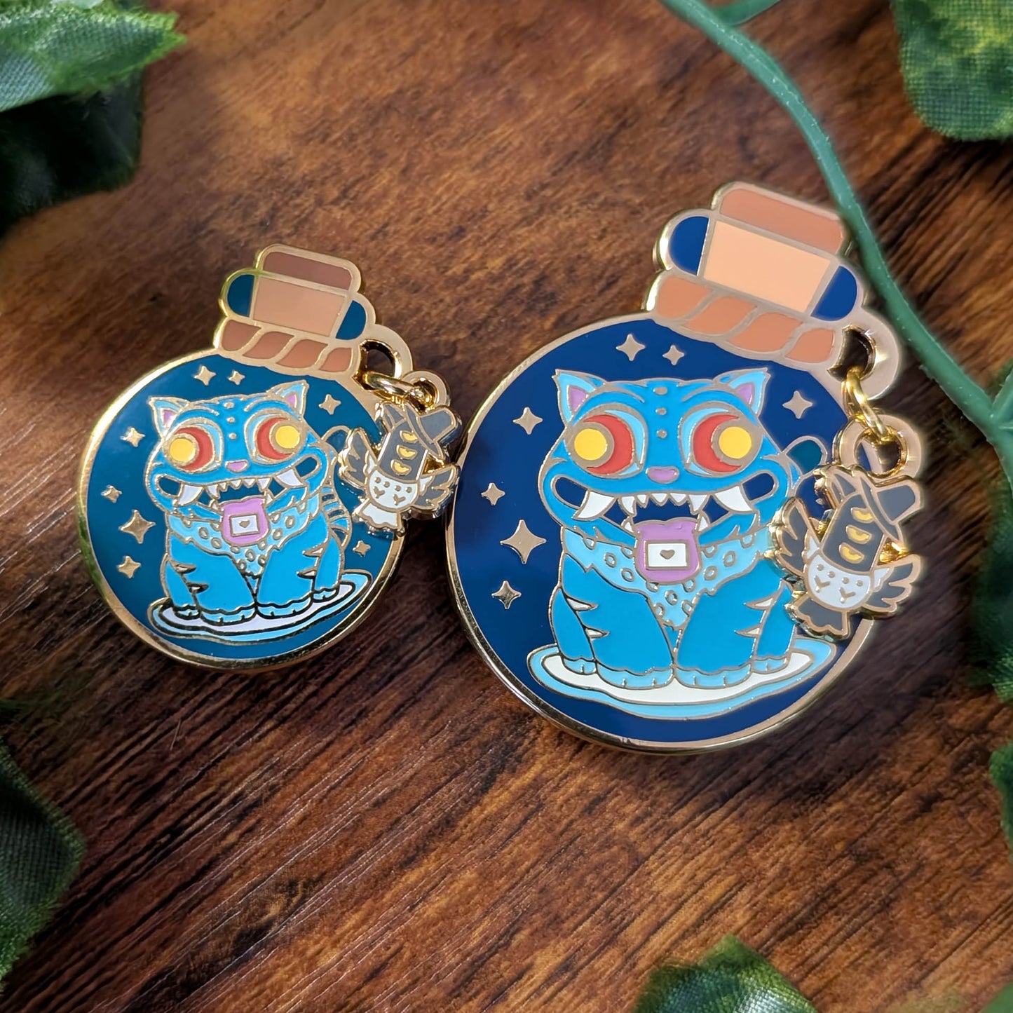 Silly Tiger & Judging Magpie Messenger Glowing Bottled Guardian Enamel Pin