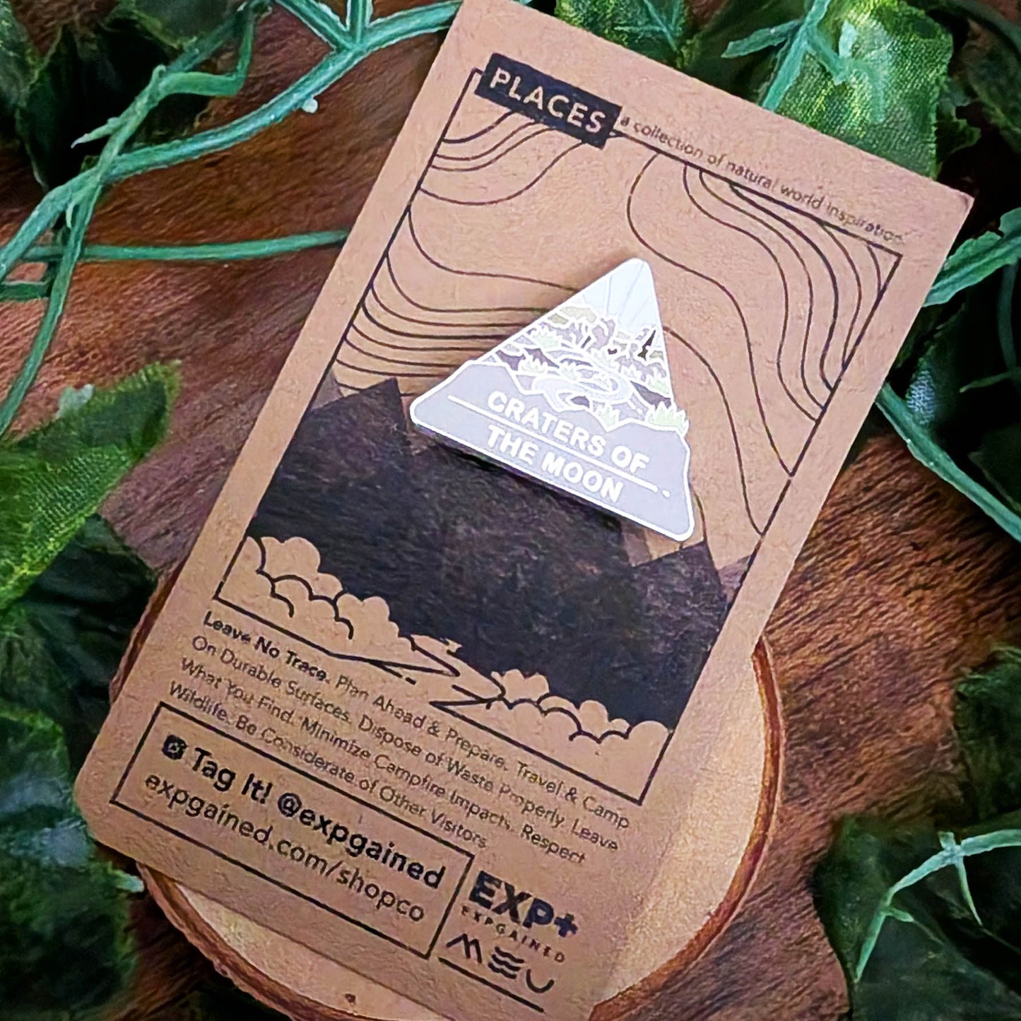 Card with a triangle-shaped badge featuring 'Craters of the Moon' on a wooden surface with greenery.