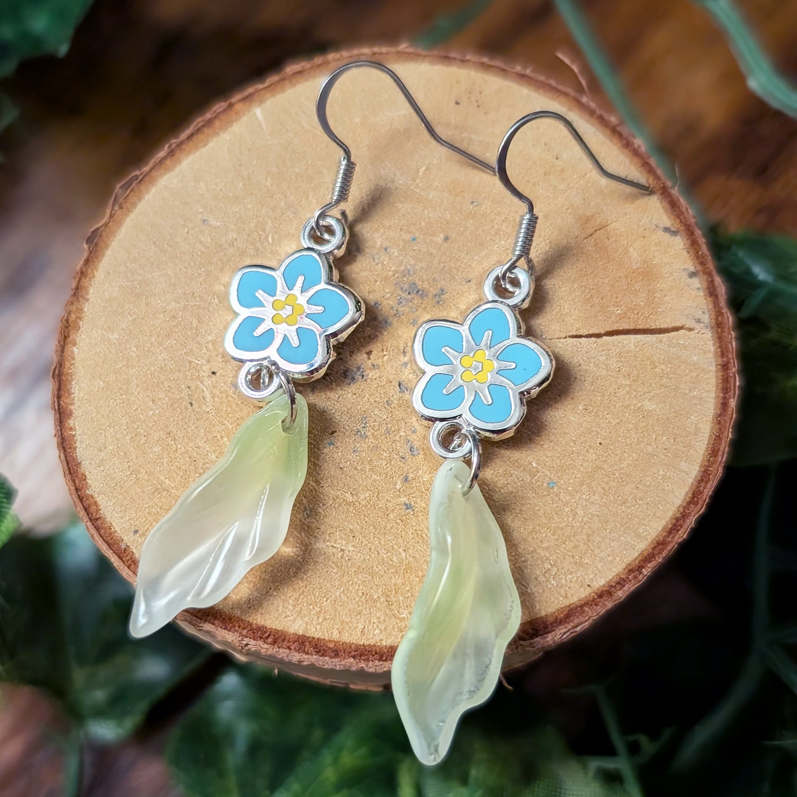 Blue and yellow forget me not flower blossom with leaf beads hook silver earrings 