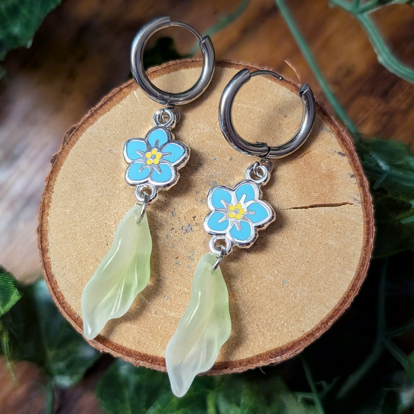 Blue and yellow forget me not flower blossom with leaf beads hoop silver earrings 