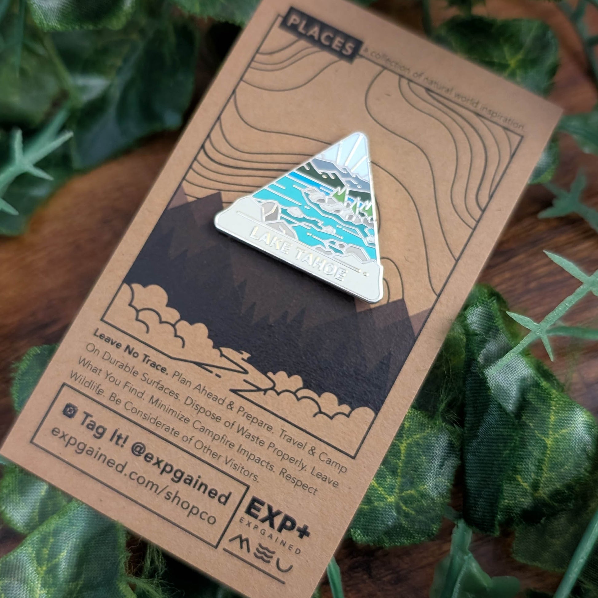 Enamel pin on a cardboard backing with nature-themed design, surrounded by green leaves.