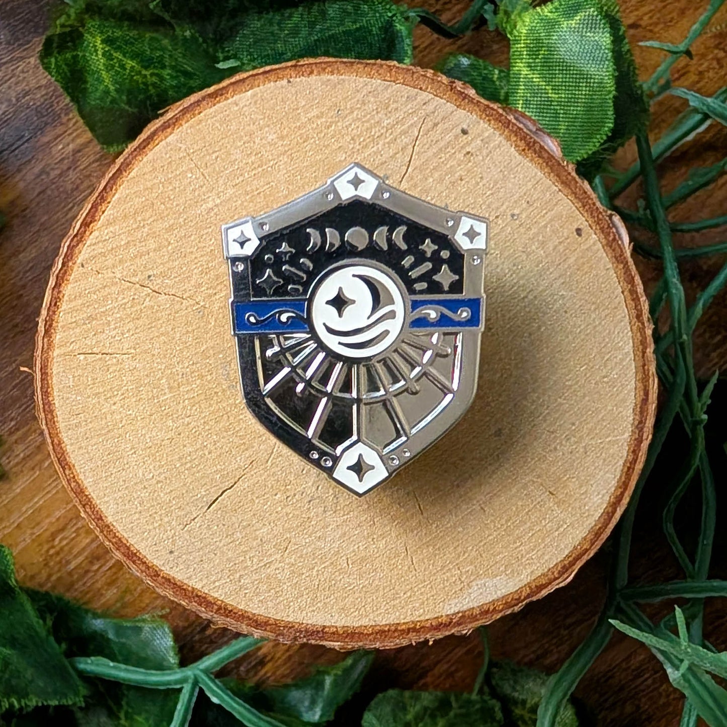 White and Blue Moon Shield Blue Glow Silver Enamel Pin