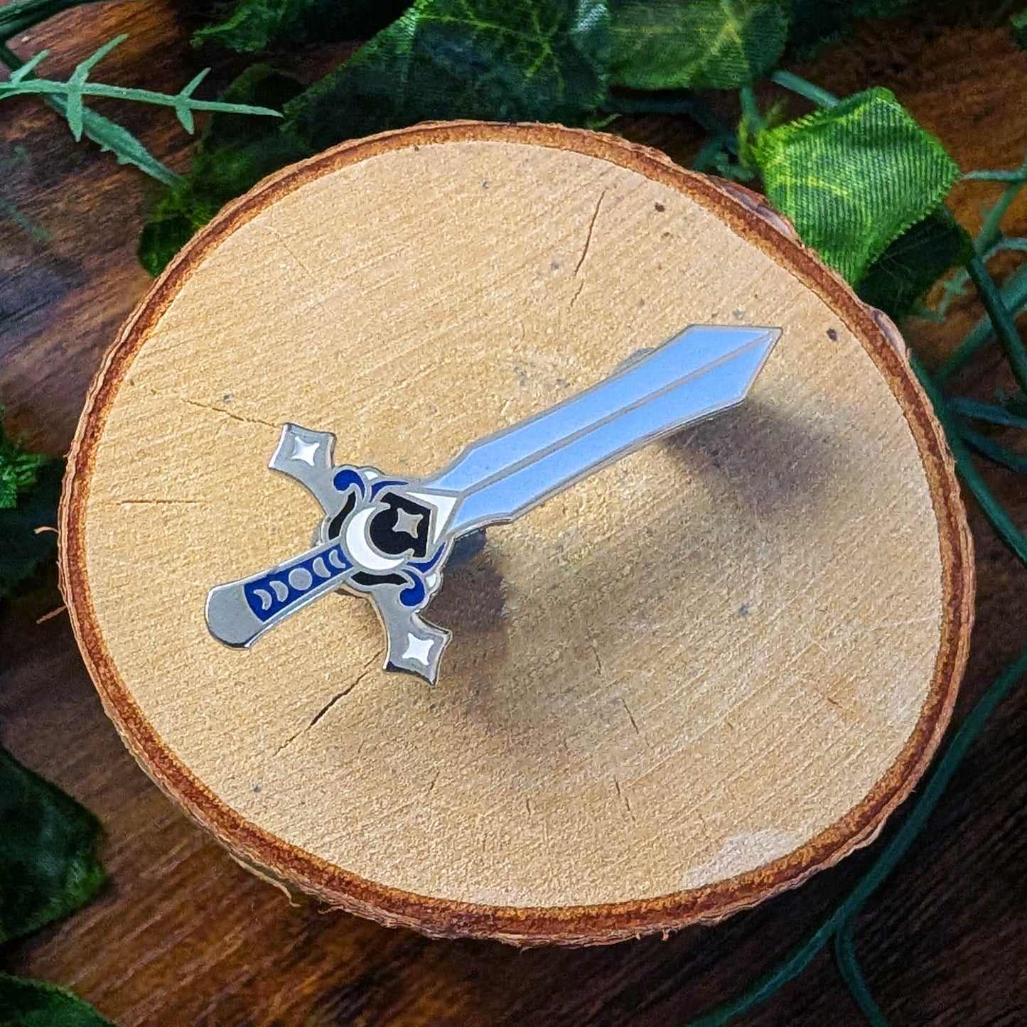 Blue white and silver moon sword design enamel pin