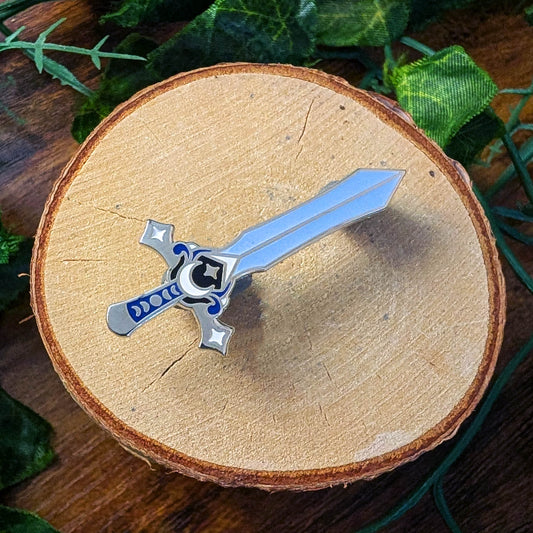 Blue white and silver moon sword design enamel pin