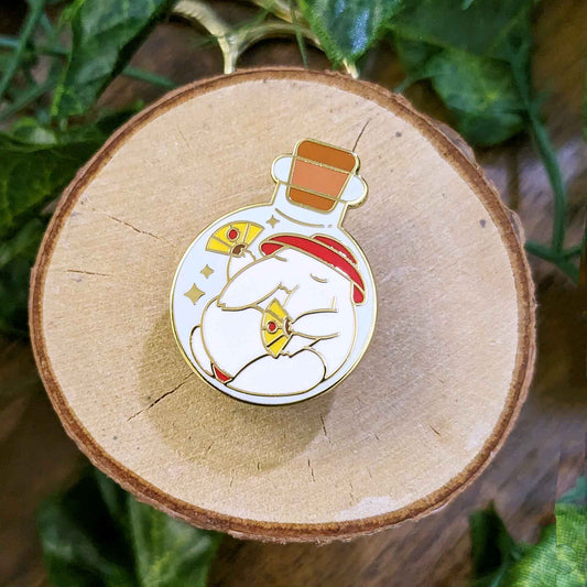 Big white radish wearing a red hat and holding yellow fans in a potion bottle enamel pin designed by EXP Gained
