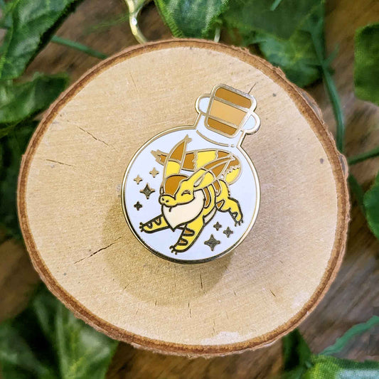 Playful yellow and brown squirrel fox running in a potion bottle enamel pin designed by EXP Gained