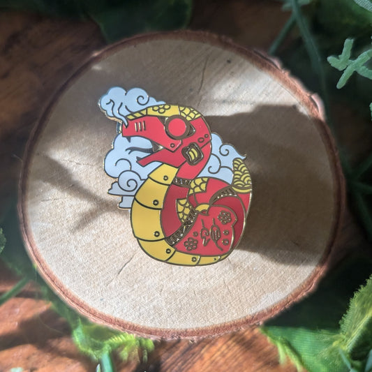 Red Gold and White Mecha Snake Gold Enamel Pin