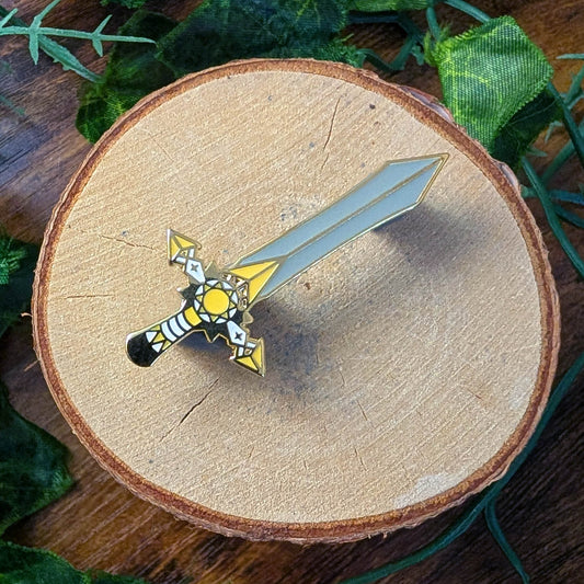 yellow, white, and gold sun sword design enamel pin