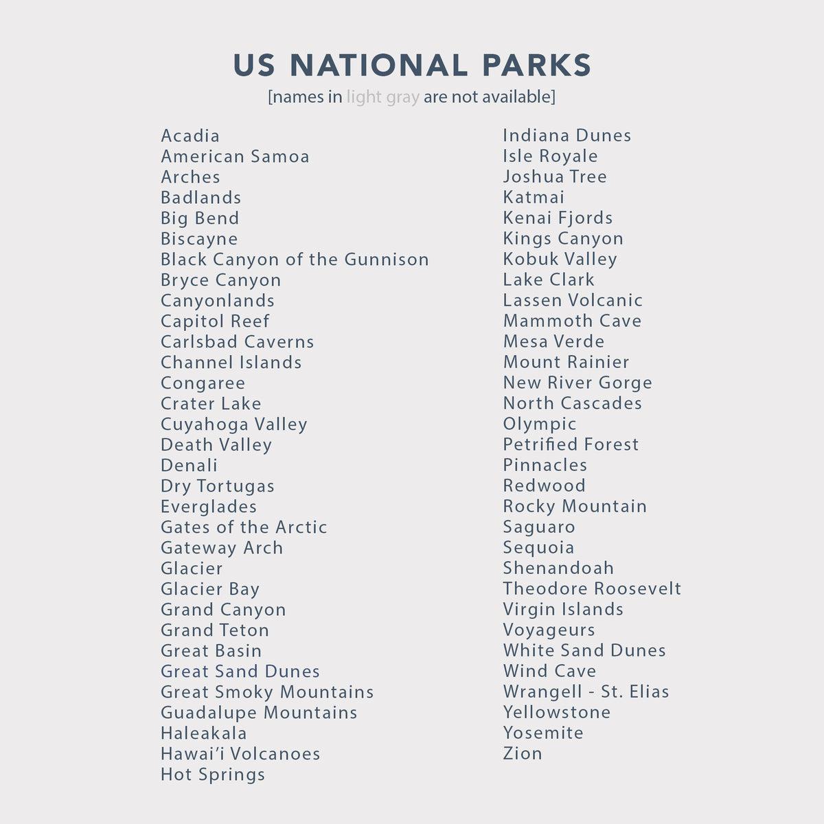 A list of US National Parks printed in dark gray text on a light gray background, with some park names shown in light gray because they are not available.