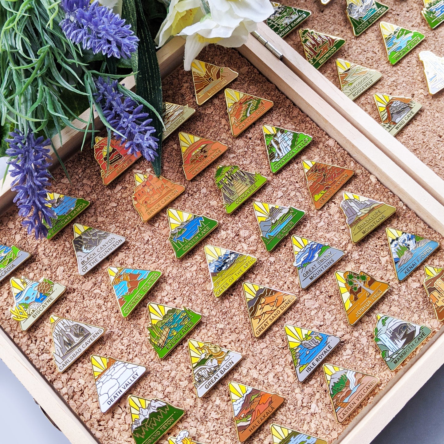US National Park Pin Set Triangle Design in a Wood Box