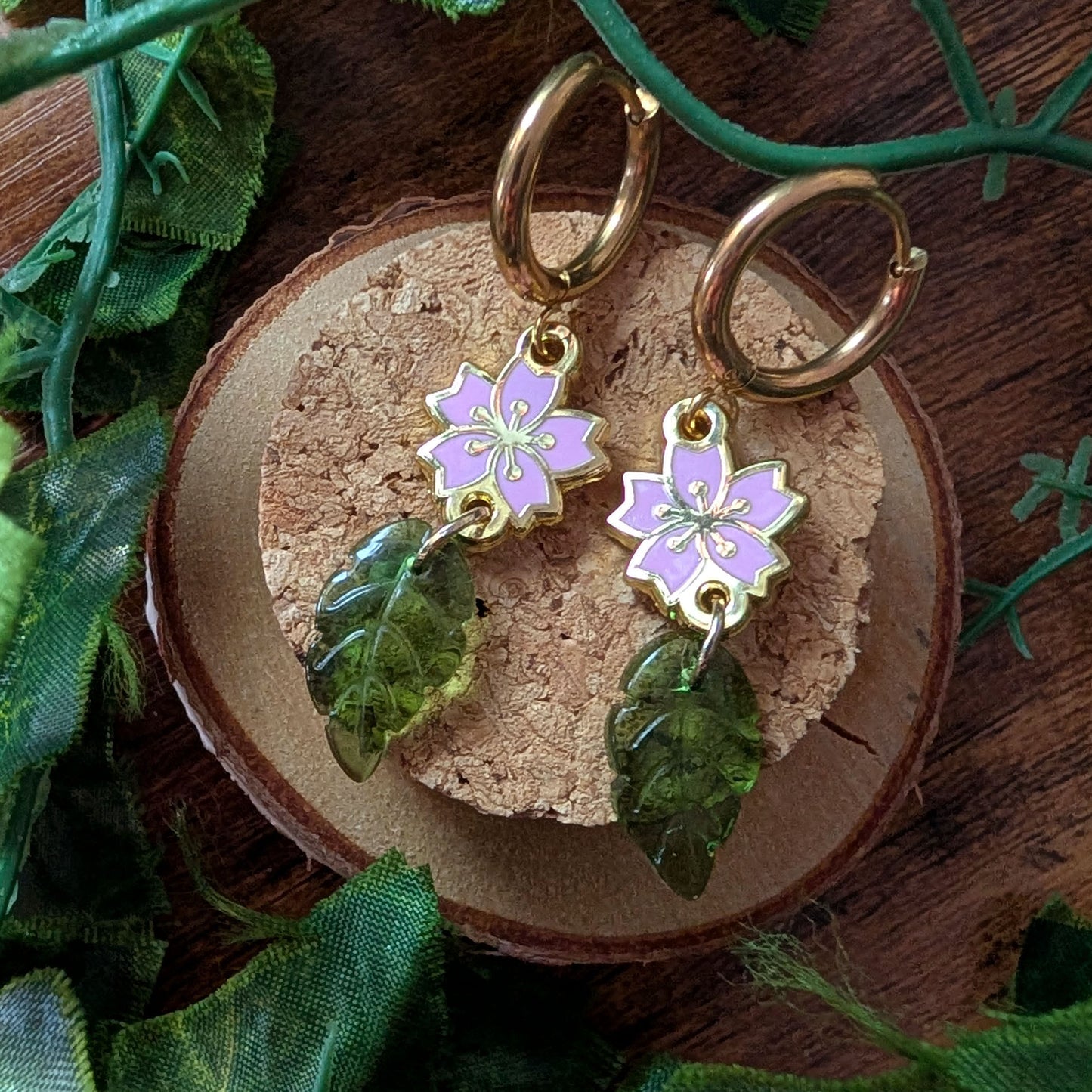 Cherry Blossom Sakura Enamel with Leaves Hanging Earrings