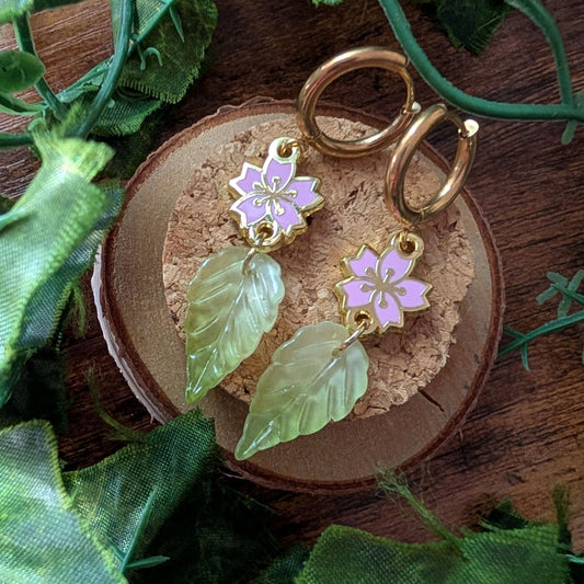 Cherry Blossom Sakura Enamel with Leaves Hanging Earrings