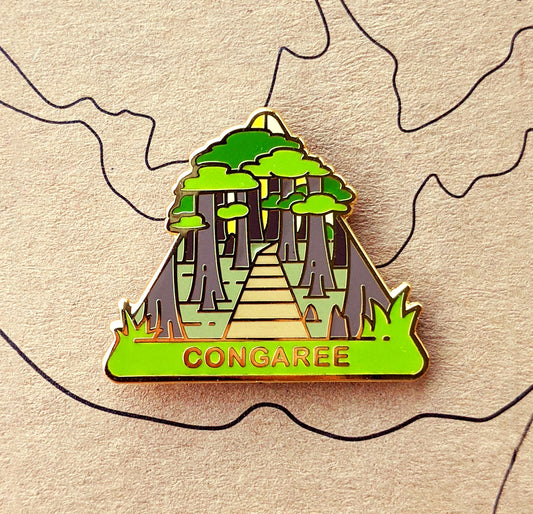 Triangle South Carolina national park enamel pin featuring a view of a boardwalk through a swamp.