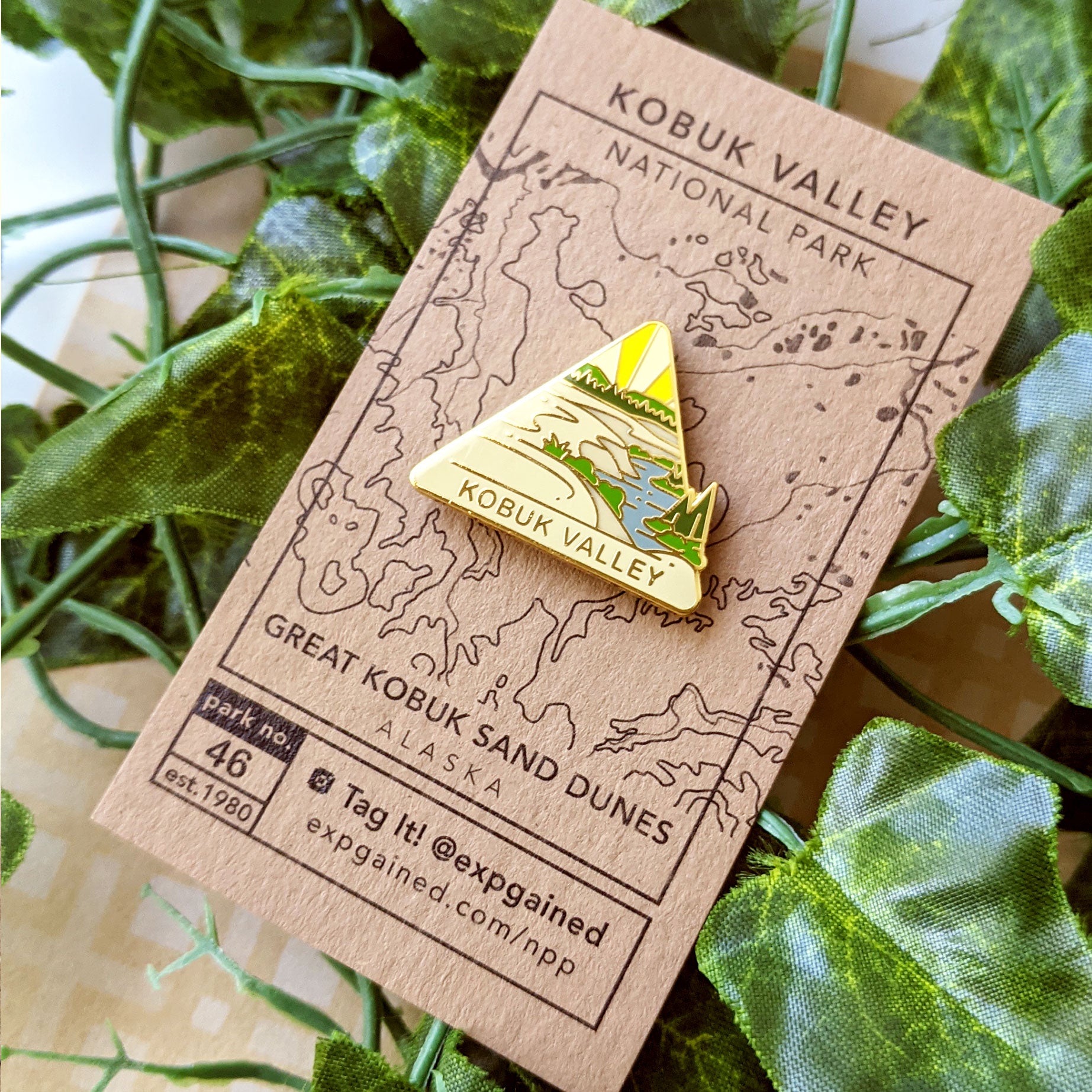 Triangle Kobuk Valley national park enamel pin featuring a view from the beehive hike on a brown business card size backing card with a topo map of the Kobuk Sand Dunes.