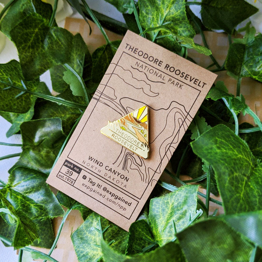 Triangle Theodore Roosevelt national park enamel pin featuring a view from the beehive hike on a brown business card size backing card with a topo map of Wind Canyon.
