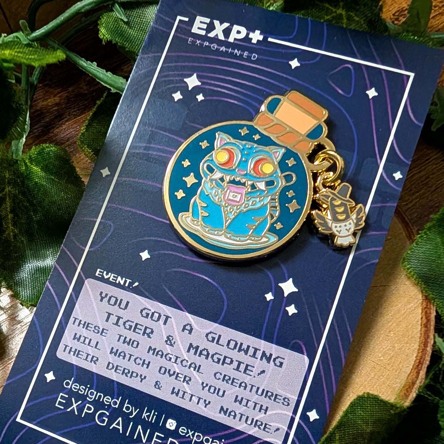 Silly Tiger & Judging Magpie Messenger Glowing Bottled Guardian Enamel Pin